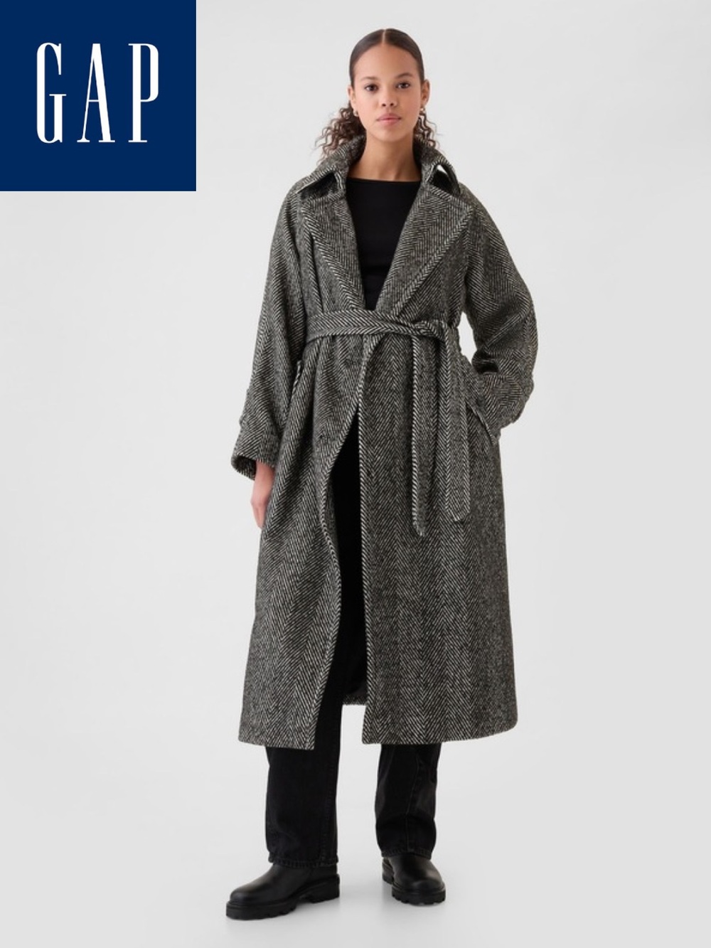 GAP Black and Gray Herringbone Wrap Belted Wool-Blend Coat